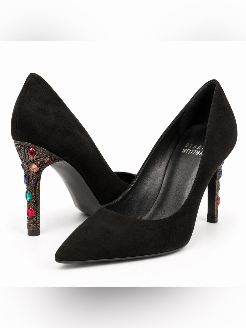 Stuart Weitzman Size 6W Black Suede Pointed Toe Jeweled Heel Pumps 3.5”
